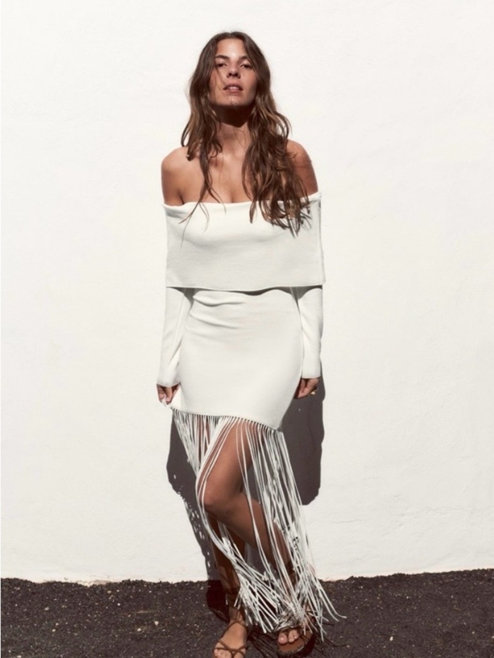 Zara Off-Shoulder Fringe Hem Maxi Dress in Ivory